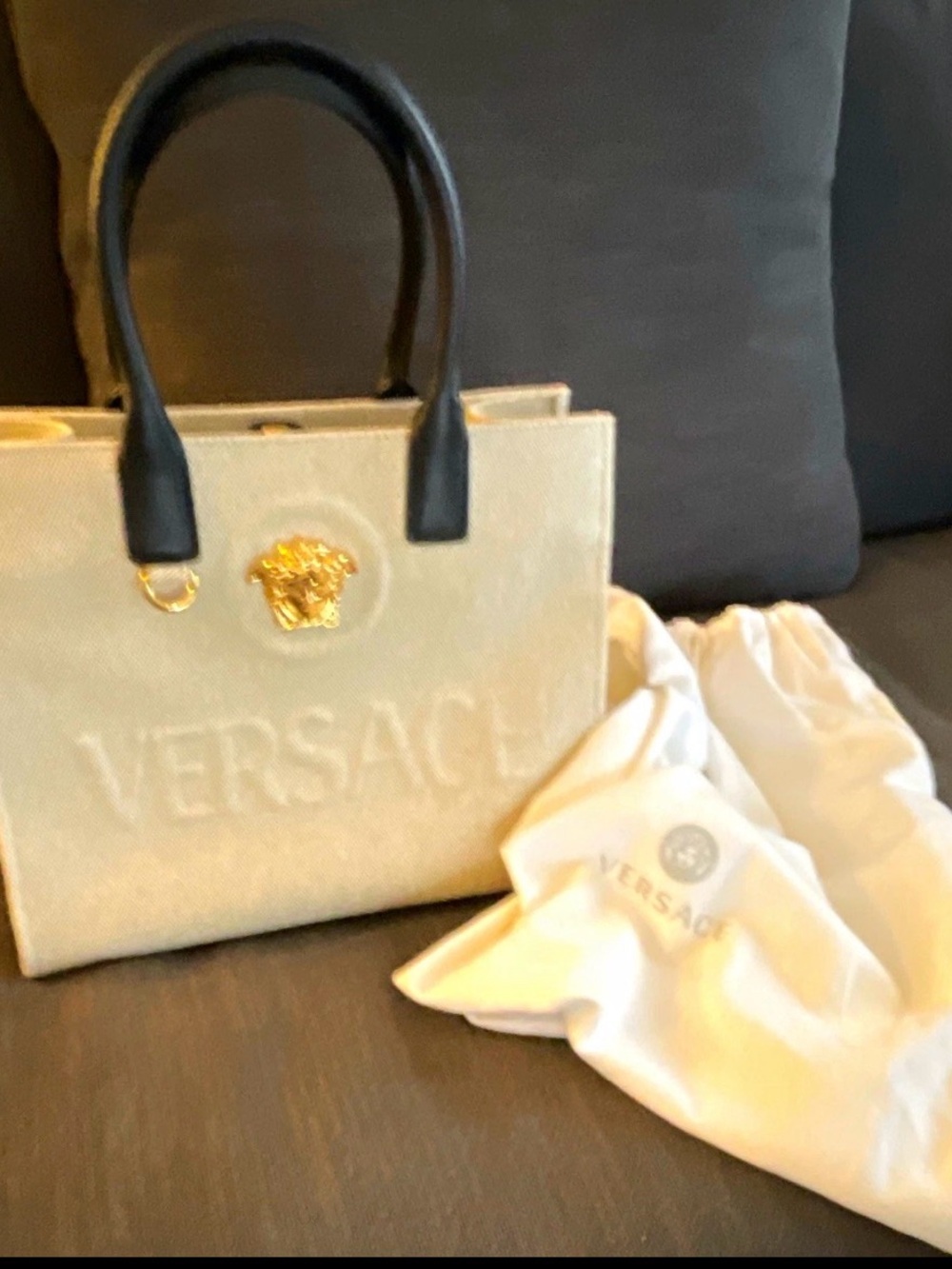Versace Cream Canvas Tote with Black Handles and Gold Medusa